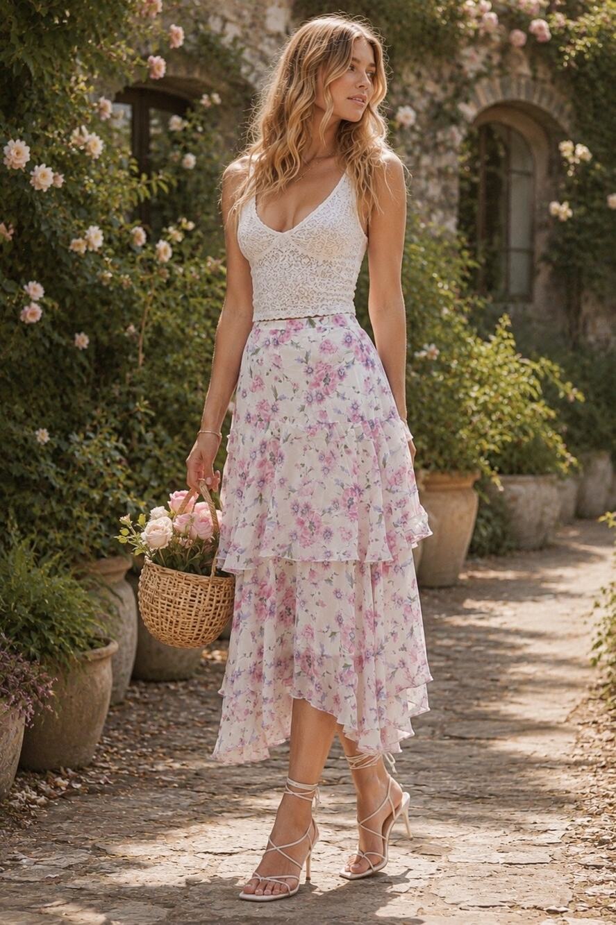 LoveShackFancy 100% Silk Pink Floral Ruffle Tiered Skirt Cottagecore Romantic M